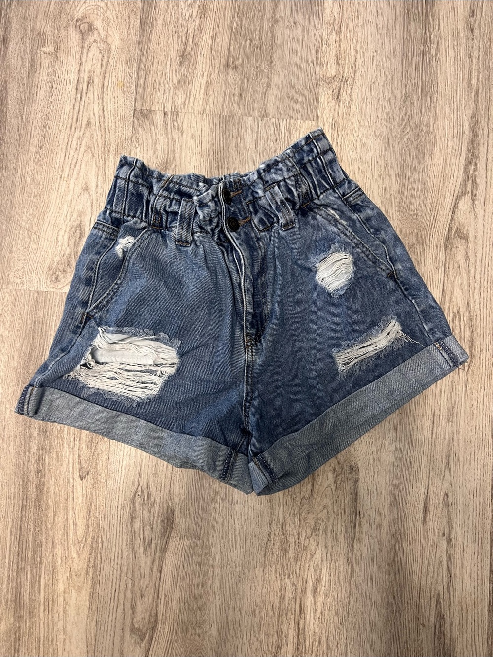 Forever 21 Distressed Paperbag Waist Denim Shorts - Blue
